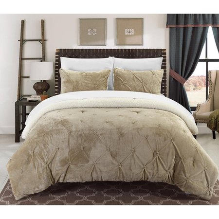 FIXTURESFIRST 3 Piece Enzo Pinch Pleated Ruffled & Pintuck Sherpa Lined Comforter Set, Beige FI2541681